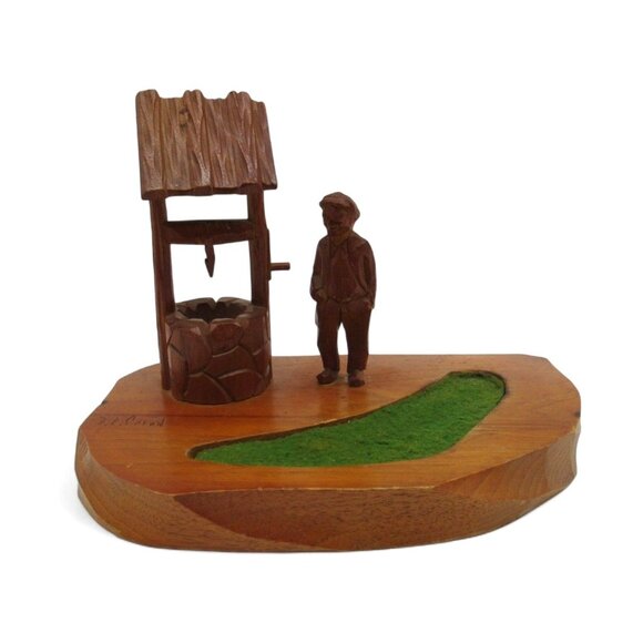 Hand Carved WOODEN SCULPTURE of Man And Well by Paul-Emile Caron Canada Vintage - Picture 5 of 13